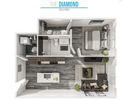 Floor plan for 1 bed, 1 bath, 750 sqft